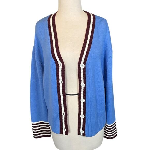 NWT French Connection Preppy Blue, White, Maroon Cardigan Small Button Down 90s - Picture 2 of 11